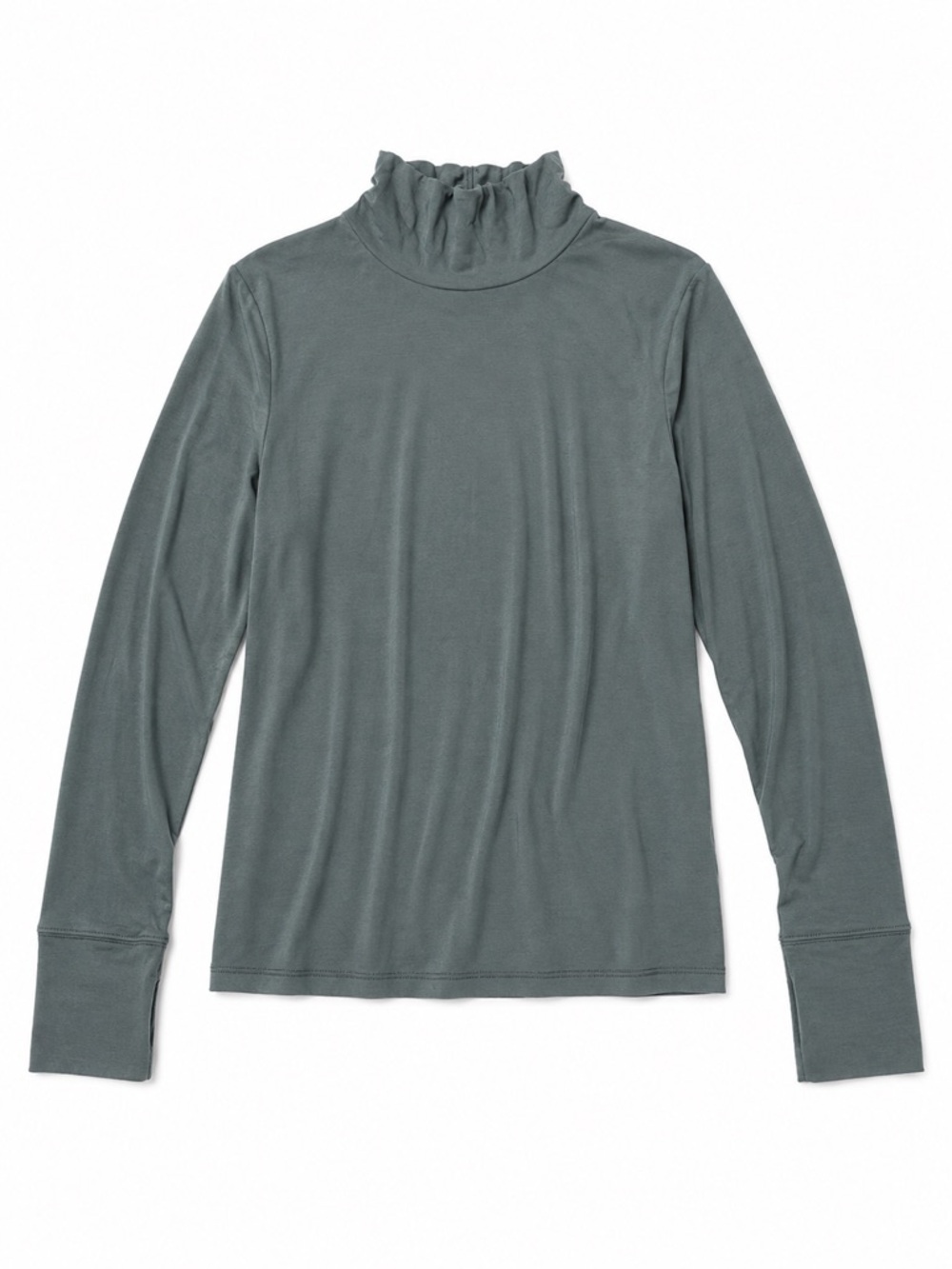 New - aerie Ruffle Mock Neck Long Sleeve Top - Slate Green | Size Medium